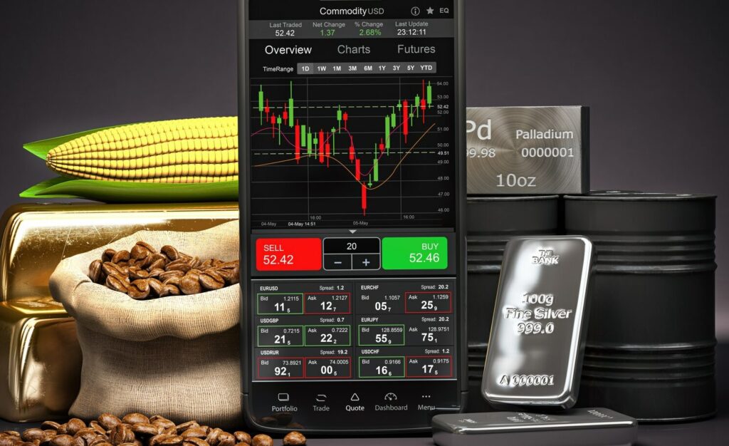 mobile phone with commodities stock exchange market trading platform on the screen of smartphone e16
